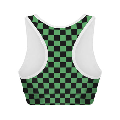 Green And Black Checkered Pattern Print Women's Sports Bra