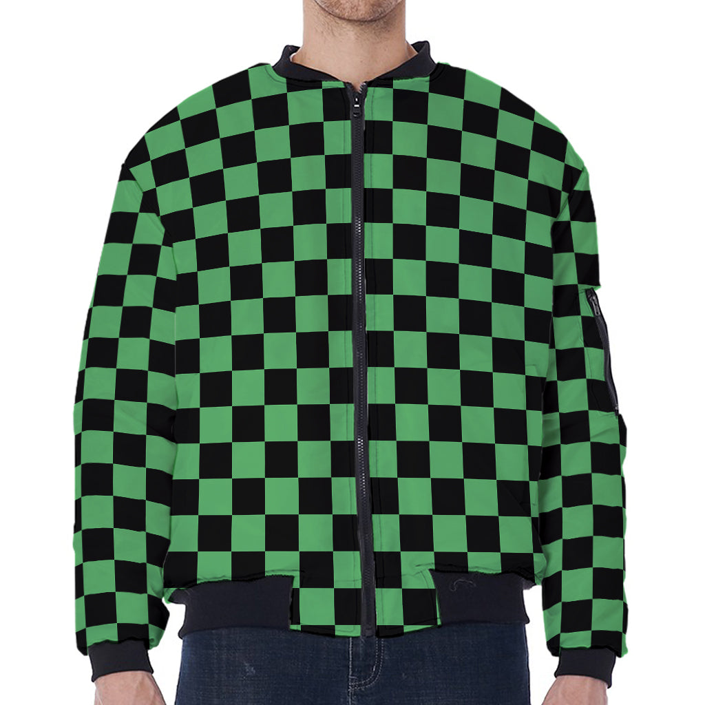 Green And Black Checkered Pattern Print Zip Sleeve Bomber Jacket