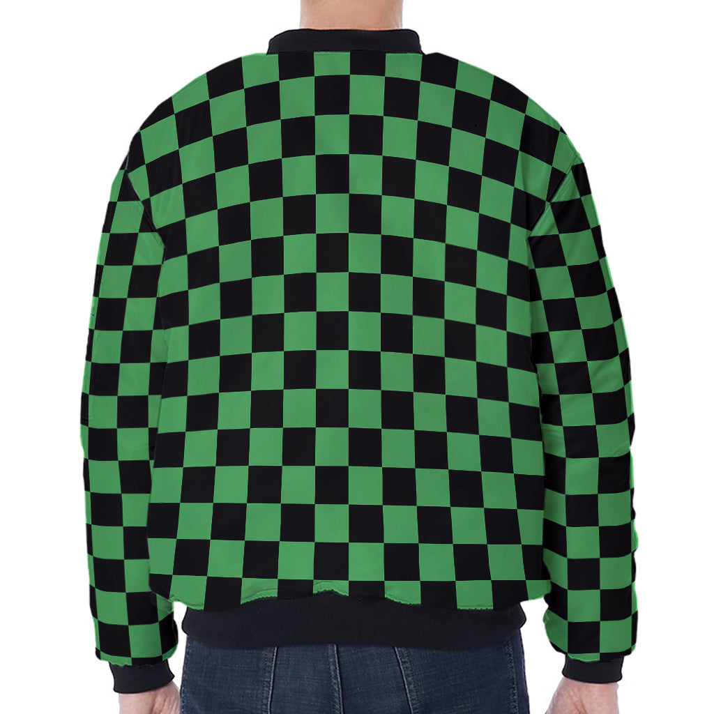Green And Black Checkered Pattern Print Zip Sleeve Bomber Jacket