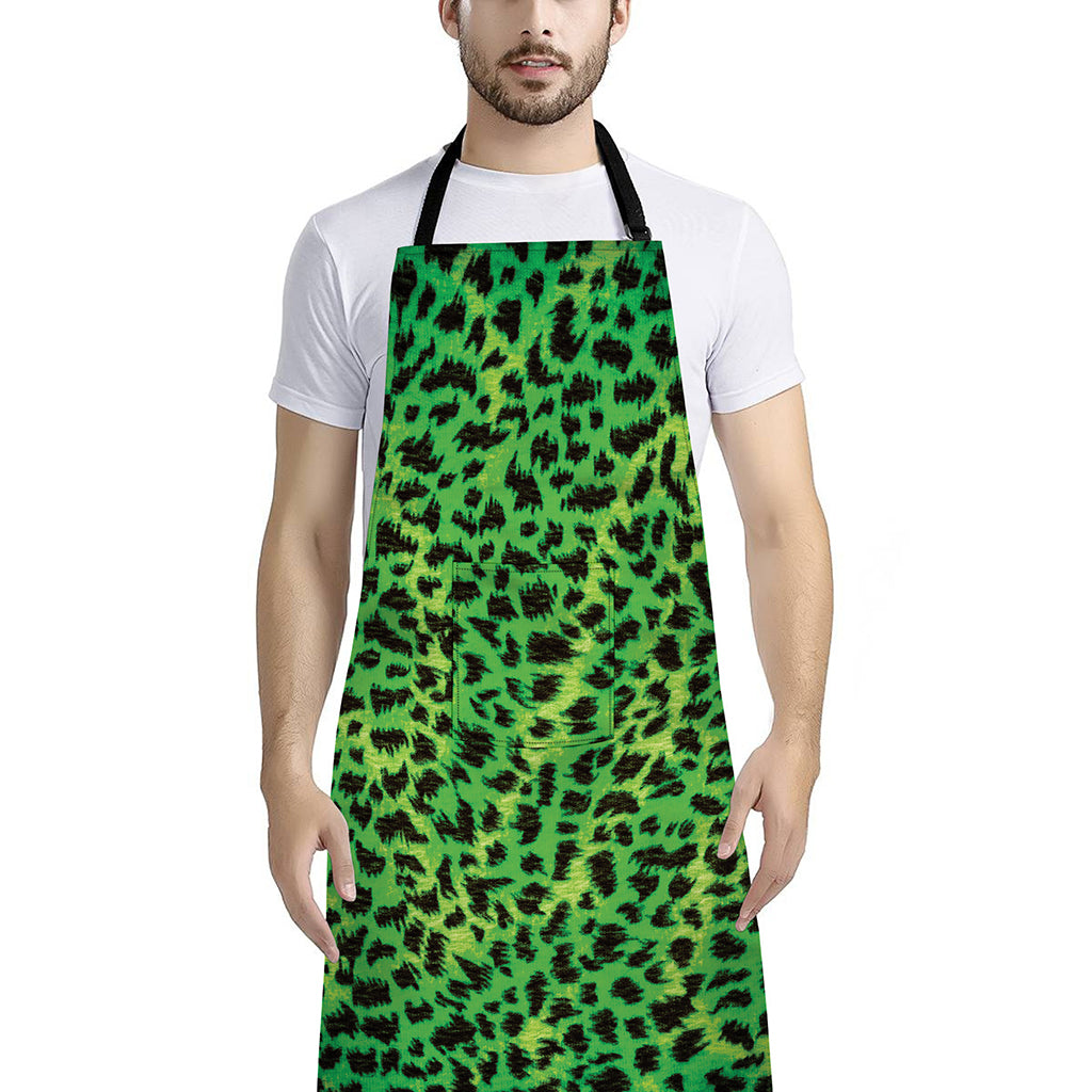Green And Black Cheetah Print Bib Apron With Pocket