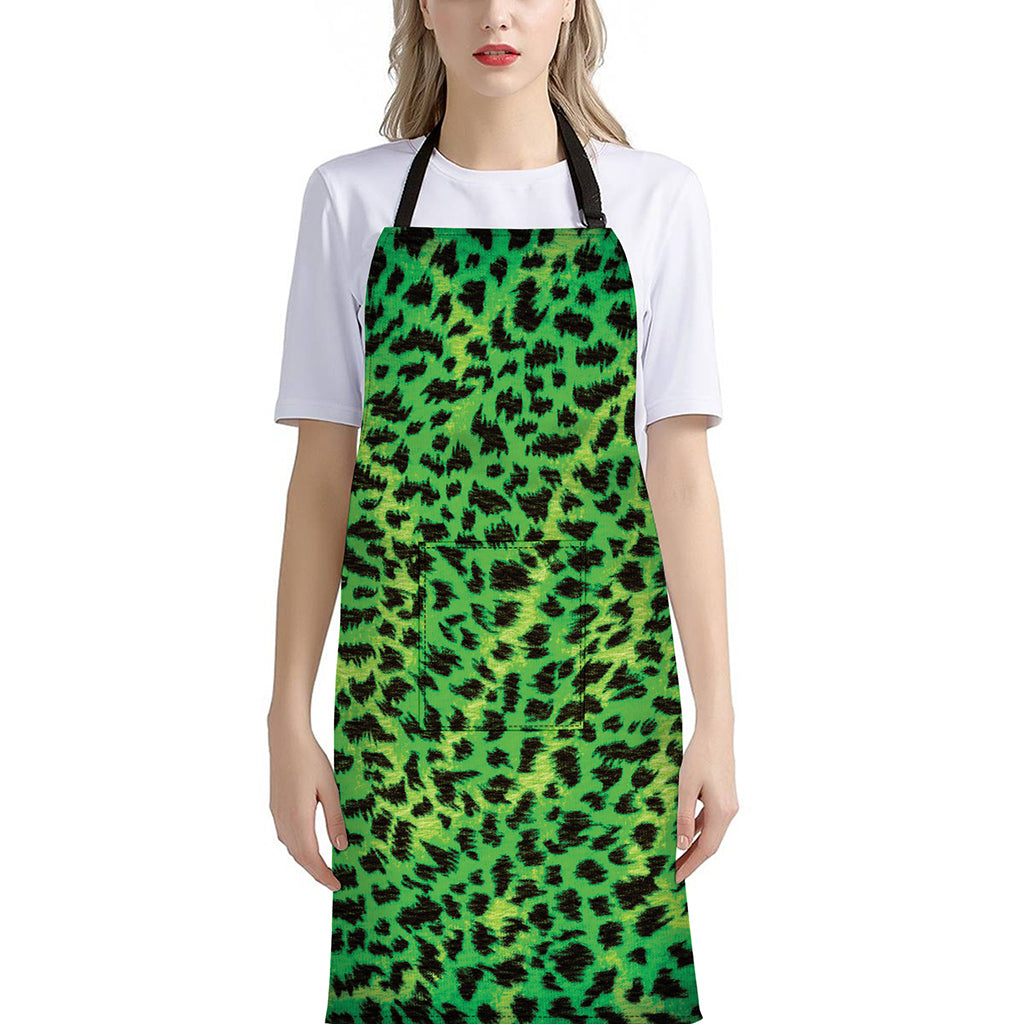 Green And Black Cheetah Print Bib Apron With Pocket