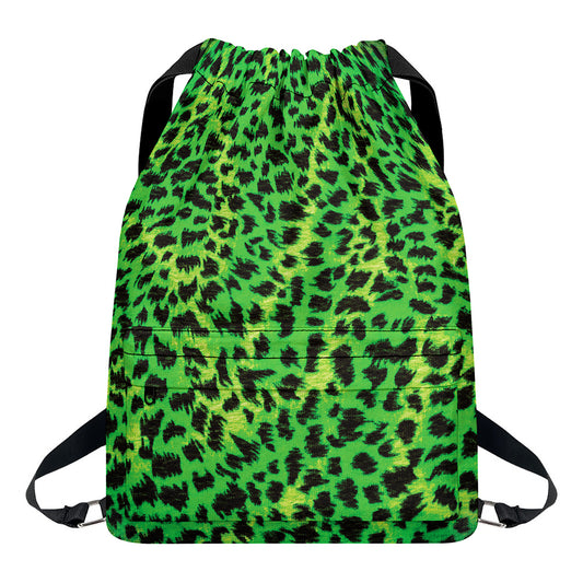 Green And Black Cheetah Print Drawstring Backpack