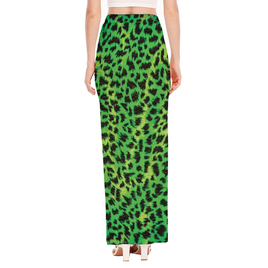 Green And Black Cheetah Print High Slit Maxi Skirt