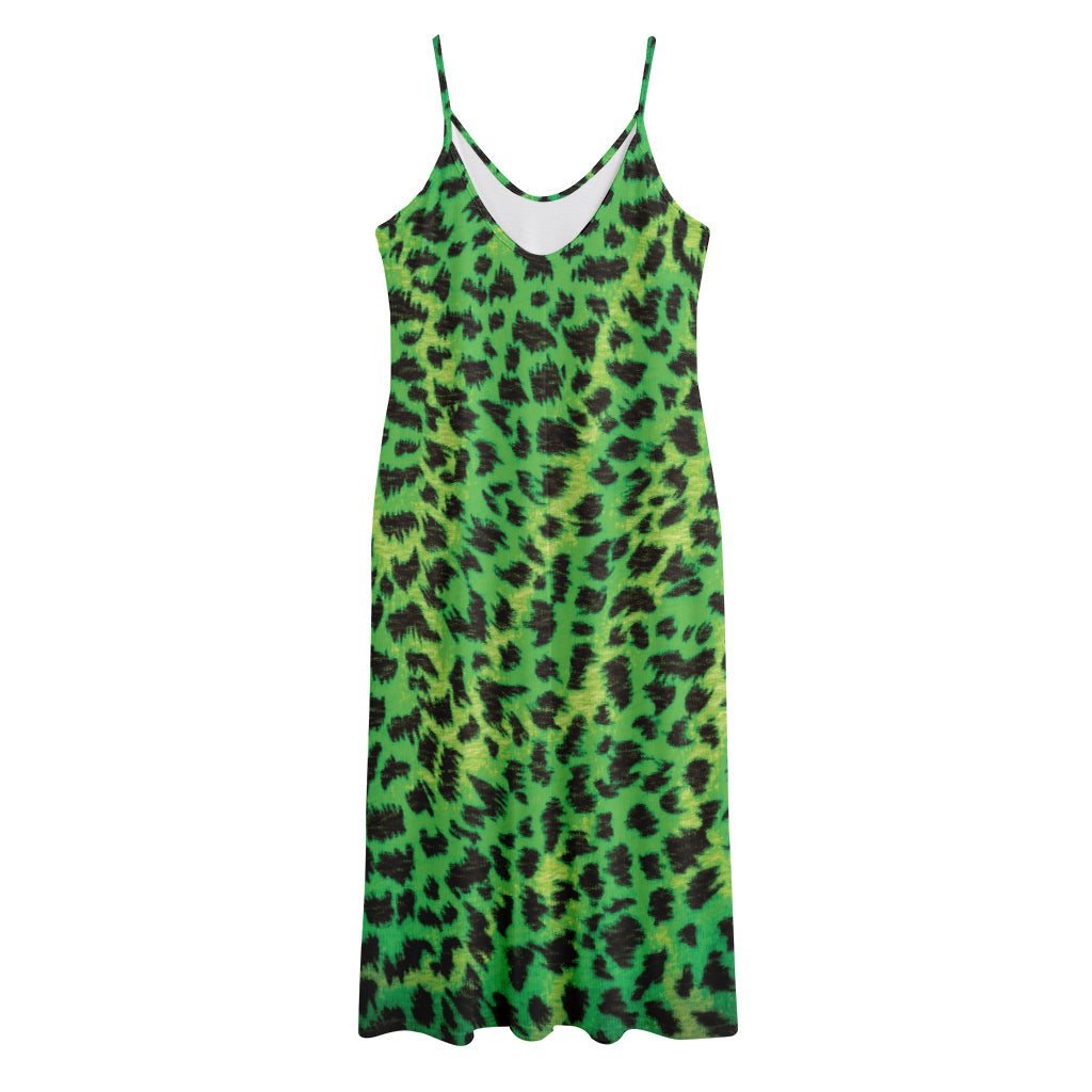 Green And Black Cheetah Print Jersey Midi Cami Dress