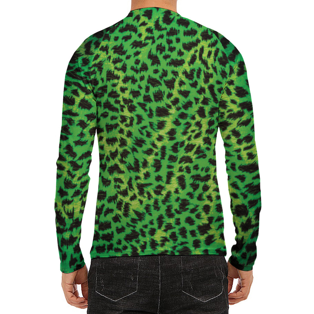 Green And Black Cheetah Print Men's Long Sleeve Rash Guard