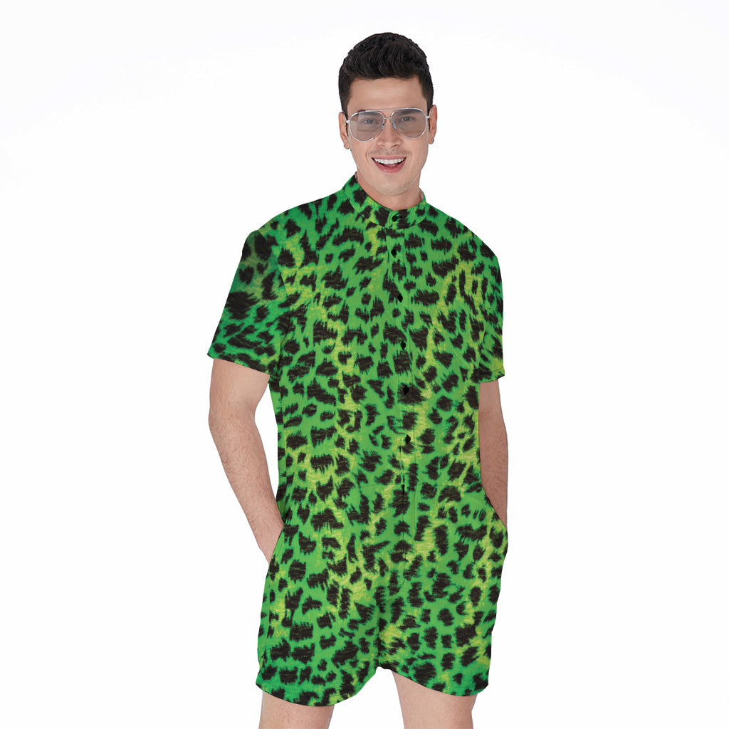 Green And Black Cheetah Print Men's Rompers