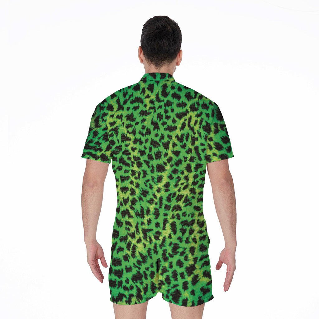 Green And Black Cheetah Print Men's Rompers