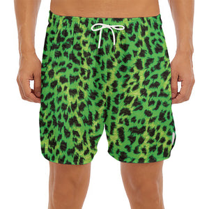 Green And Black Cheetah Print Men's Split Running Shorts