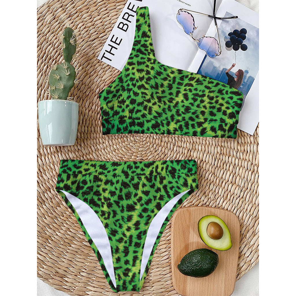 Green And Black Cheetah Print One Shoulder Bikini Top