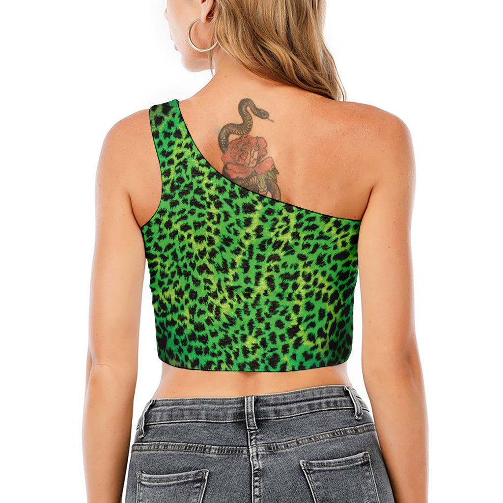 Green And Black Cheetah Print One Shoulder Crop Top