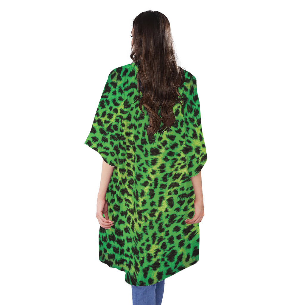 Green And Black Cheetah Print Open Front Beach Cover Up