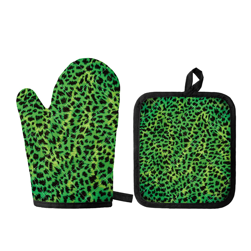 Green And Black Cheetah Print Oven Mitt And Pot Holder Set