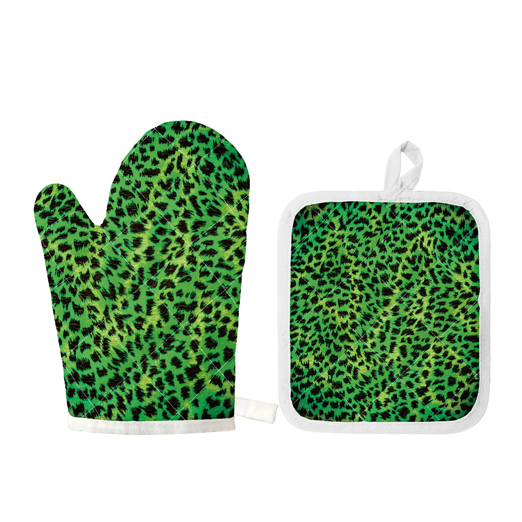 Green And Black Cheetah Print Oven Mitt And Pot Holder Set