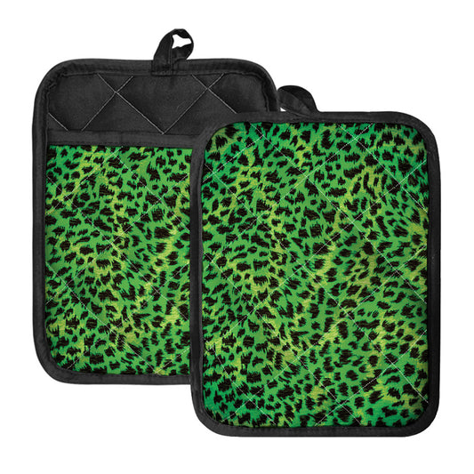 Green And Black Cheetah Print Pot Holders With Pocket