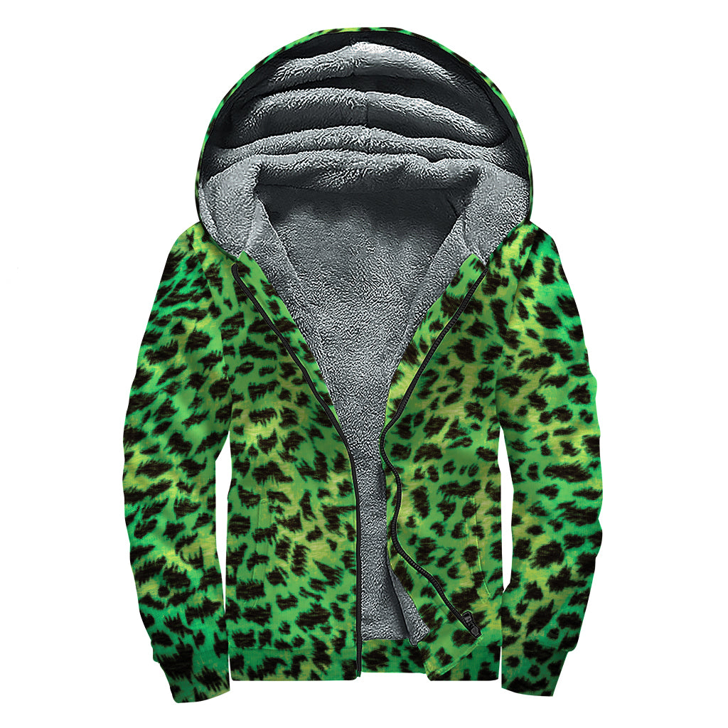 Green And Black Cheetah Print Sherpa Lined Zip Up Hoodie