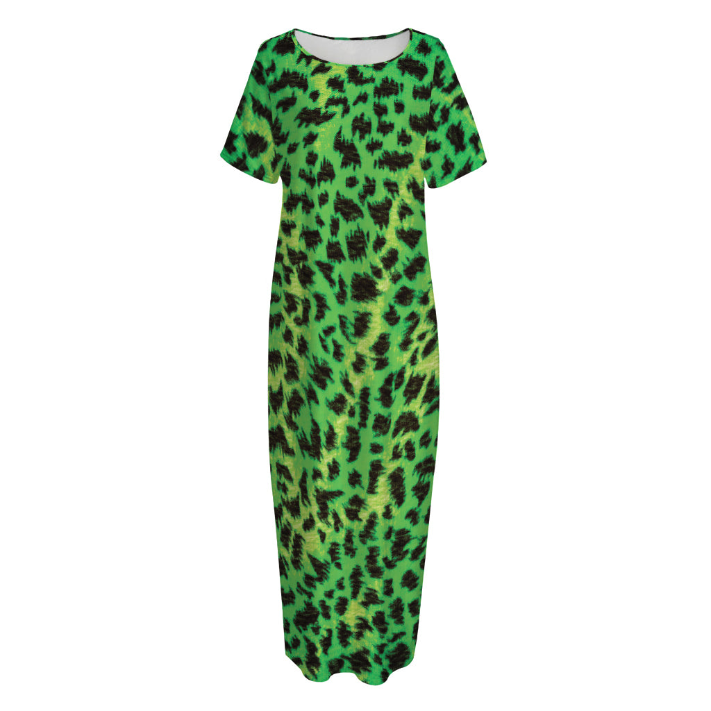 Green And Black Cheetah Print Short Sleeve Long Nightdress