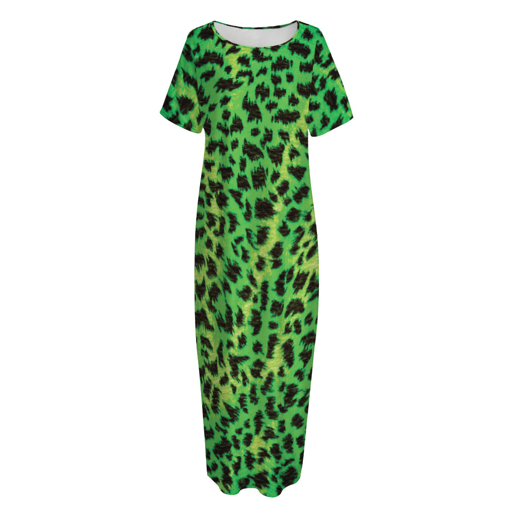 Green And Black Cheetah Print Short Sleeve Long Nightdress