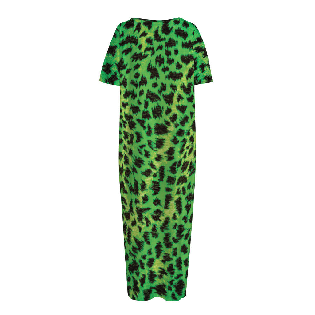 Green And Black Cheetah Print Short Sleeve Long Nightdress