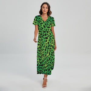 Green And Black Cheetah Print Short Sleeve Maxi Dress