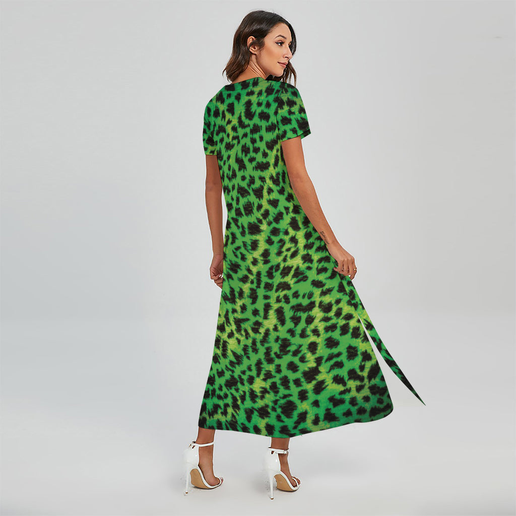 Green And Black Cheetah Print Short Sleeve Maxi Dress