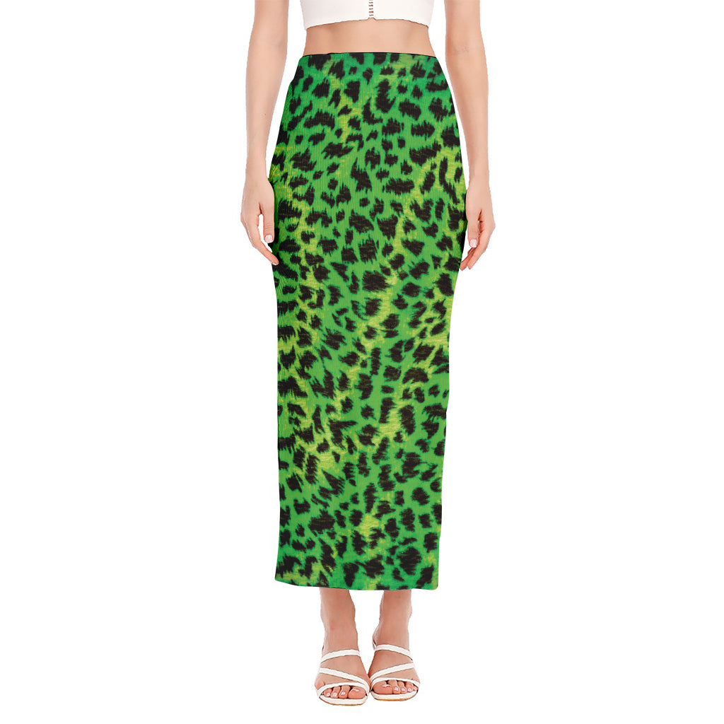 Green And Black Cheetah Print Side Slit Maxi Skirt