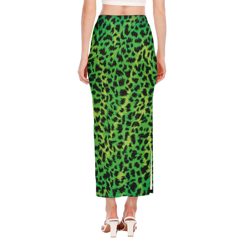 Green And Black Cheetah Print Side Slit Maxi Skirt