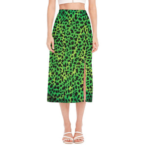 Green And Black Cheetah Print Side Slit Midi Skirt