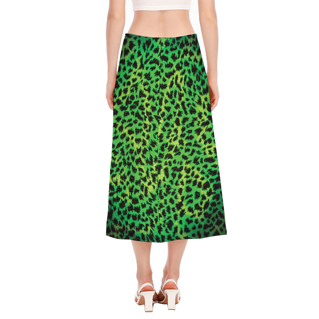 Green And Black Cheetah Print Side Slit Midi Skirt