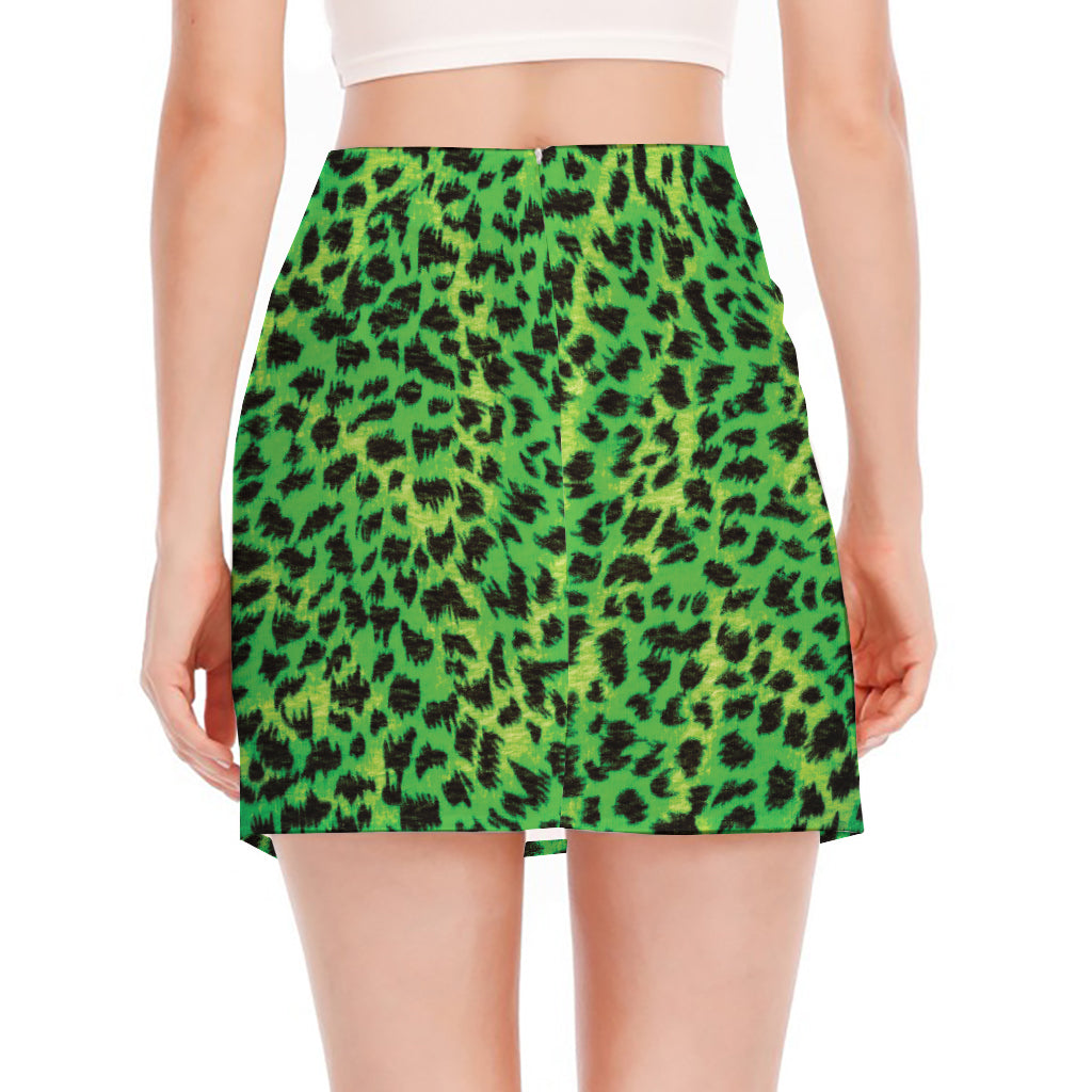 Green And Black Cheetah Print Side Slit Mini Skirt