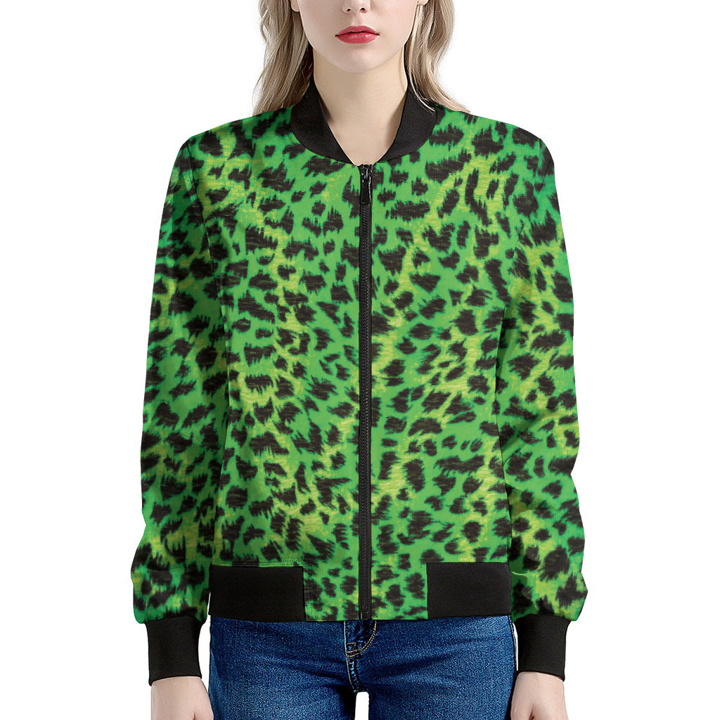 Green And Black Cheetah Print Women's Bomber Jacket