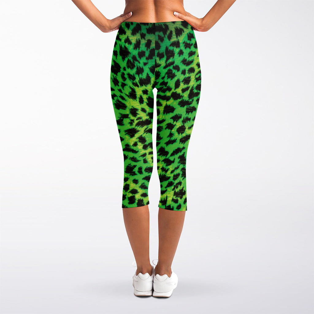 Green And Black Cheetah Print Women's Capri Leggings