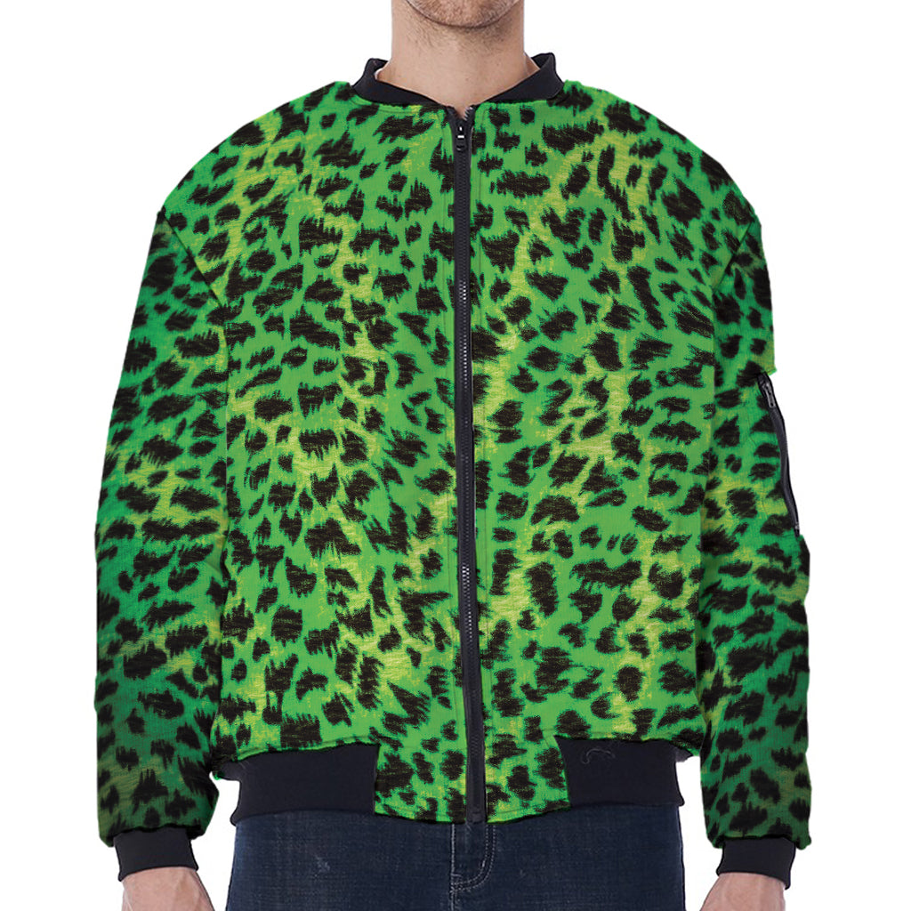 Green And Black Cheetah Print Zip Sleeve Bomber Jacket