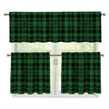 Green And Black Tartan Pattern Print 3 Piece Kitchen Curtains