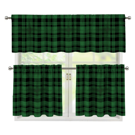 Green And Black Tartan Pattern Print 3 Piece Kitchen Curtains