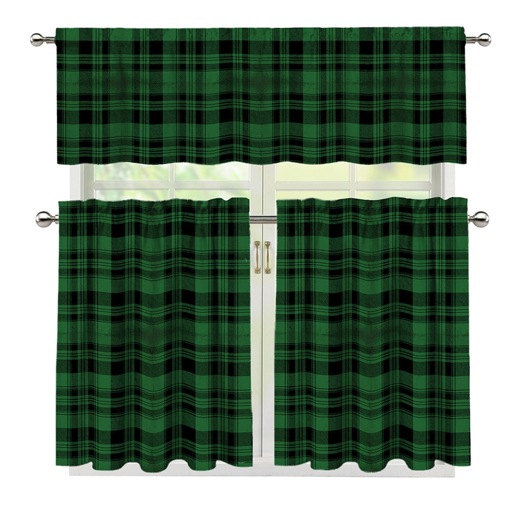 Green And Black Tartan Pattern Print 3 Piece Kitchen Curtains