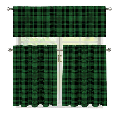 Green And Black Tartan Pattern Print 3 Piece Kitchen Curtains
