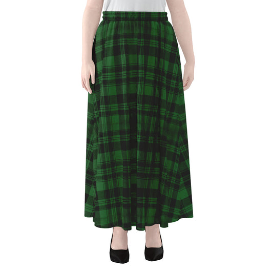 Green And Black Tartan Pattern Print Chiffon Maxi Skirt