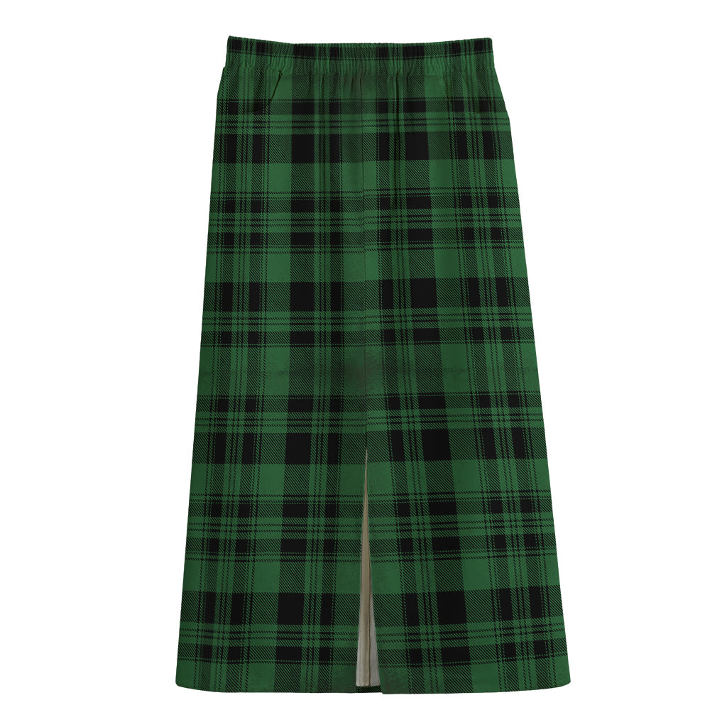 Green And Black Tartan Pattern Print Cotton Front Slit Maxi Skirt