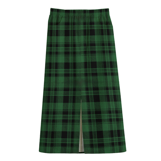 Green And Black Tartan Pattern Print Cotton Front Slit Maxi Skirt