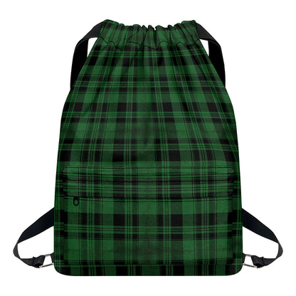 Green And Black Tartan Pattern Print Drawstring Backpack