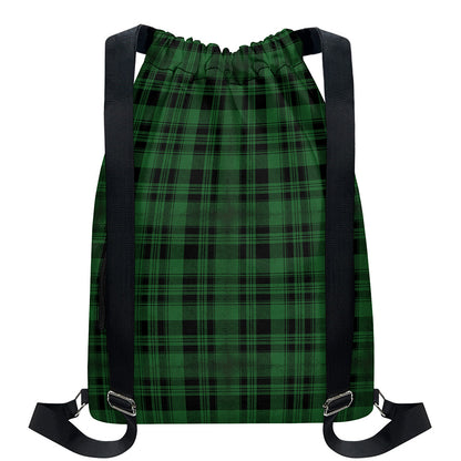 Green And Black Tartan Pattern Print Drawstring Backpack