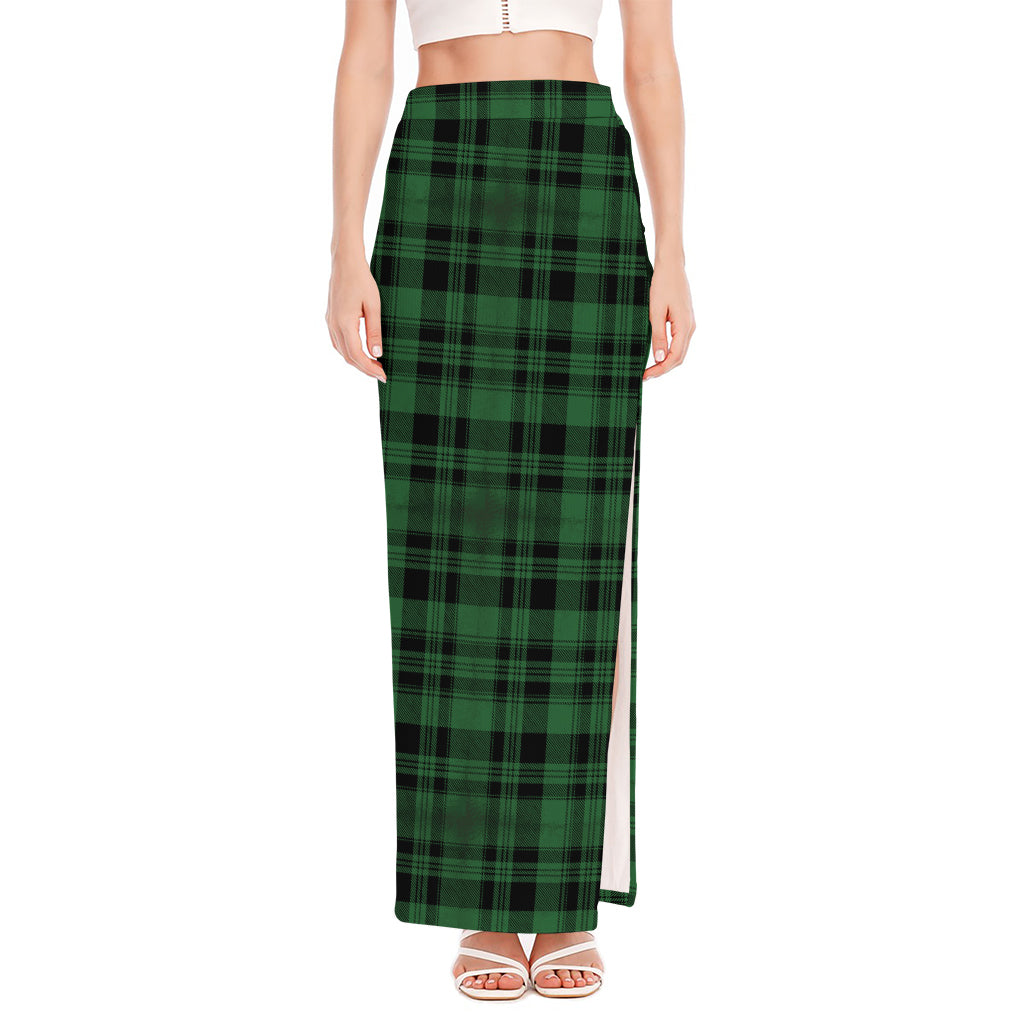 Green And Black Tartan Pattern Print High Slit Maxi Skirt