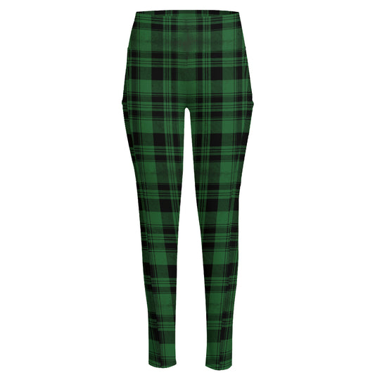 Green And Black Tartan Pattern Print High-Waisted Pocket Leggings
