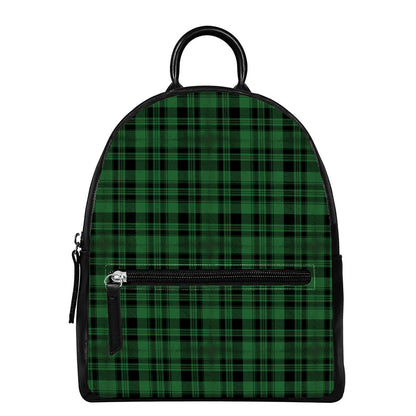 Green And Black Tartan Pattern Print Leather Backpack