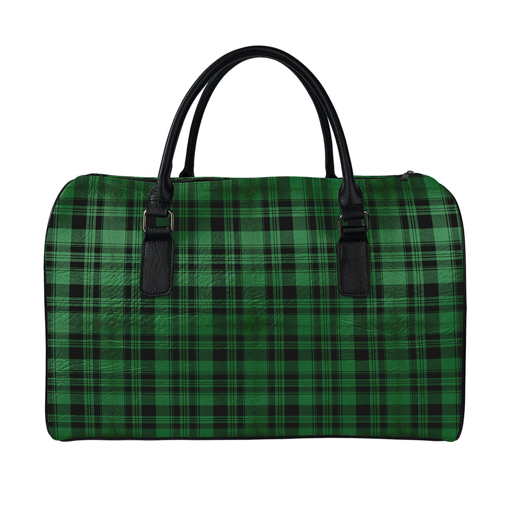 Green And Black Tartan Pattern Print Leather Duffle Bag