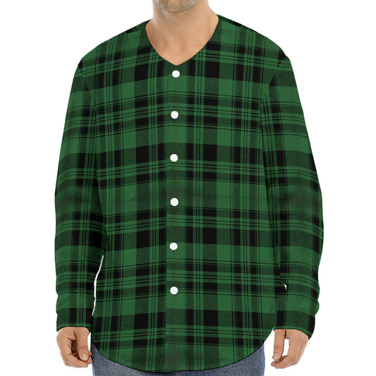 Green And Black Tartan Pattern Print Long Sleeve Baseball Jersey