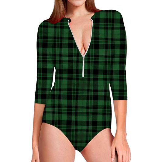 Green And Black Tartan Pattern Print Long Sleeve Swimsuit