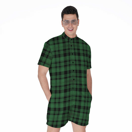 Green And Black Tartan Pattern Print Men's Rompers
