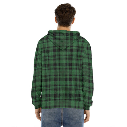 Green And Black Tartan Pattern Print Men's Velvet Pullover Hoodie