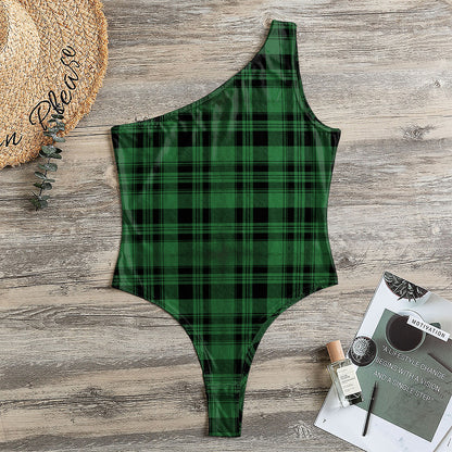 Green And Black Tartan Pattern Print One Shoulder Bodysuit